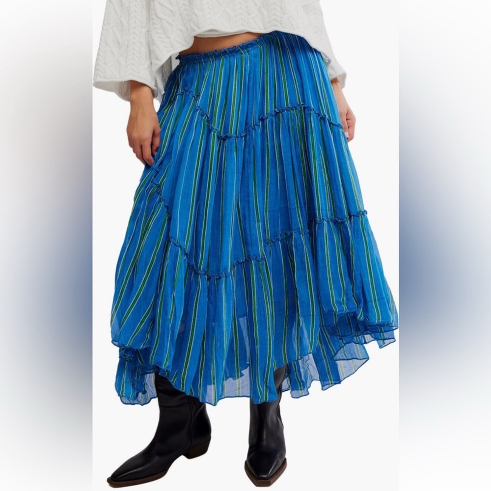 FREE PEOPLE EMBER TIERED STRIPED MIDI
SKIRT SIZE L MSRP $128.00 NWT